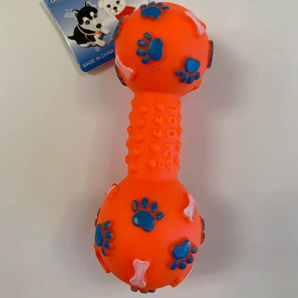 Pet- Squeaky Toy- Dumbbell W/ Paw Prints - Various Colors